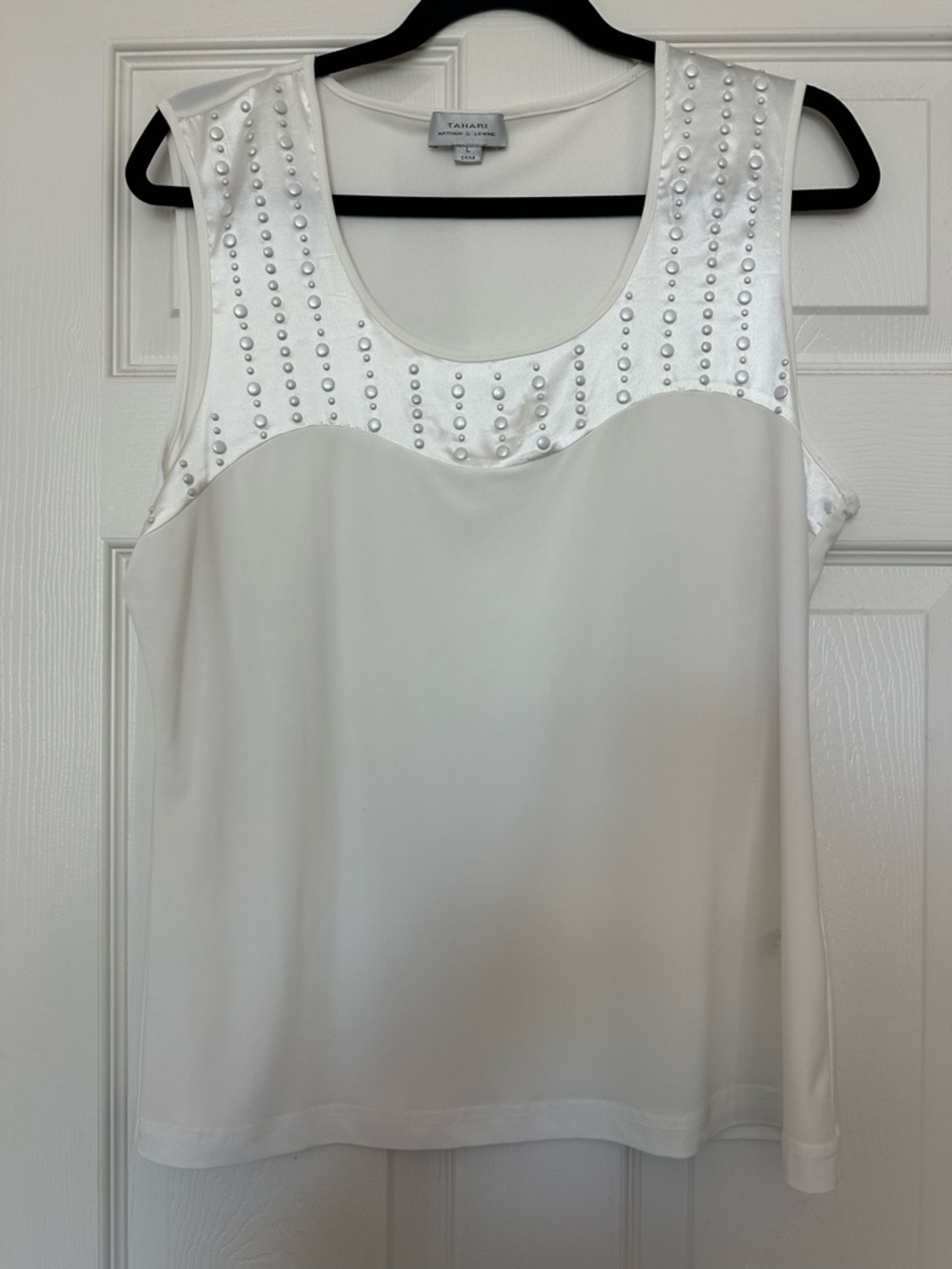 Tahari White Pearl-Stud Scoop Neck Tank